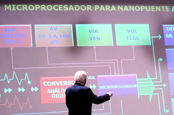 Reynolds frente a un diagrama d su gran invento