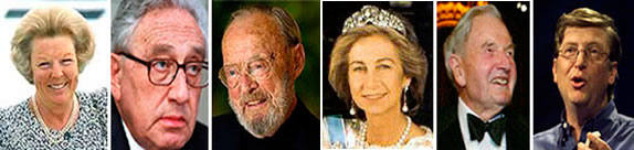 De izquierda a derecha Beatriz de Holanda, Henry Kissinger, Bernardo de Holanda, Sofia de España, David Rockfeller, Bill Gates