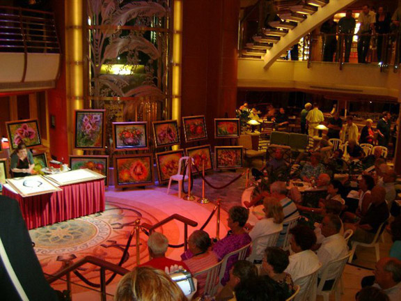Martha Zamora en una de las importantes demostraciones de su arte en los cruceros de la cadena Princess Cruise Line.