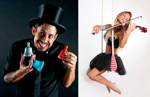 Radagast y Noelia Cobos, conforman la pareja que divierte al público latino con su show denominado “Komedija”. (Fotos: archivo particular)