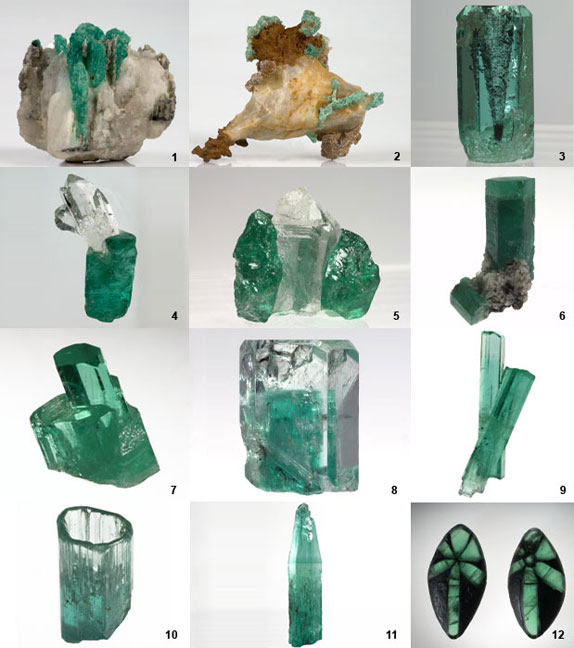 (1) Las cascadas (2) El pescado ganga o mineral (3) El tornado (4) Inclusión del cuarzo en la esmeralda (5) El abrazo (6) a bota (7) Macla (8) Inclusión de la esmeralda en la esmeralda o berilio en el berilio (9) Macla el corbatin (10) Vaso (11) Botella (12) Las palmeras trapiches representan el 0,3% de la produccion de las esmeraldas. (Fotos: Oscar Monsalve)