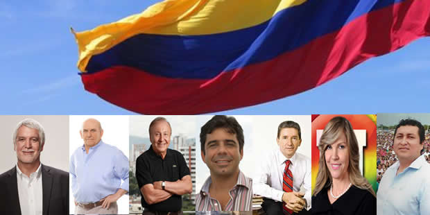 Alcaldes elegidos por los colombianos, de izquierda a derecha Enrique Peñalosa (Bogotá), Maurice Armitage (Cali), Rodolfo Hernández (Bucaramanga) , Alejandro Char (Barranquilla), Luis Pérez (Medellín), Dilian Francisca Toro (Valle),, John Calzones (Yopal).